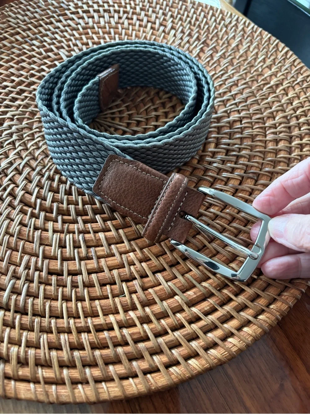 Men's Gray Woven Stretch Belt with Brown Leather Trim